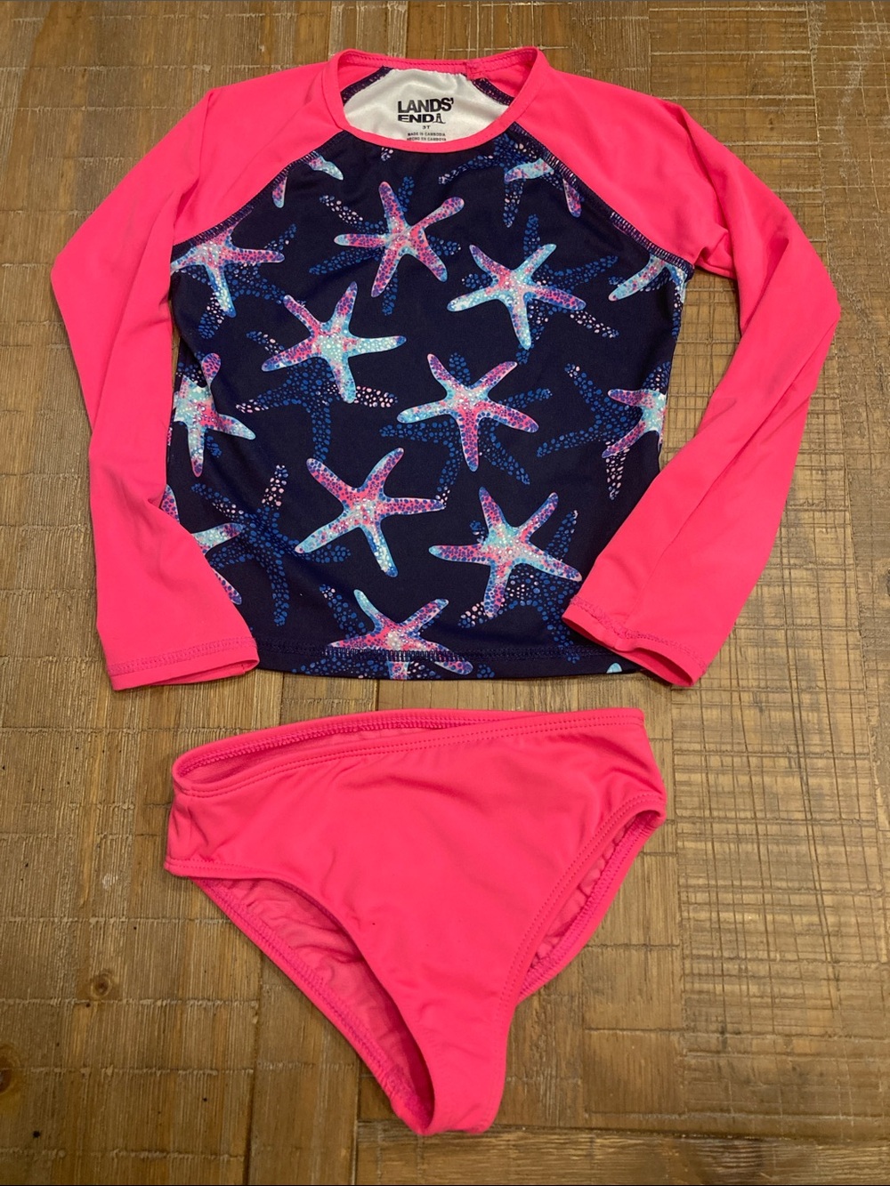 Lands' End Girls' Pink and Navy Starfish Long-Sleeve Rash Guard Set EUC size 3T